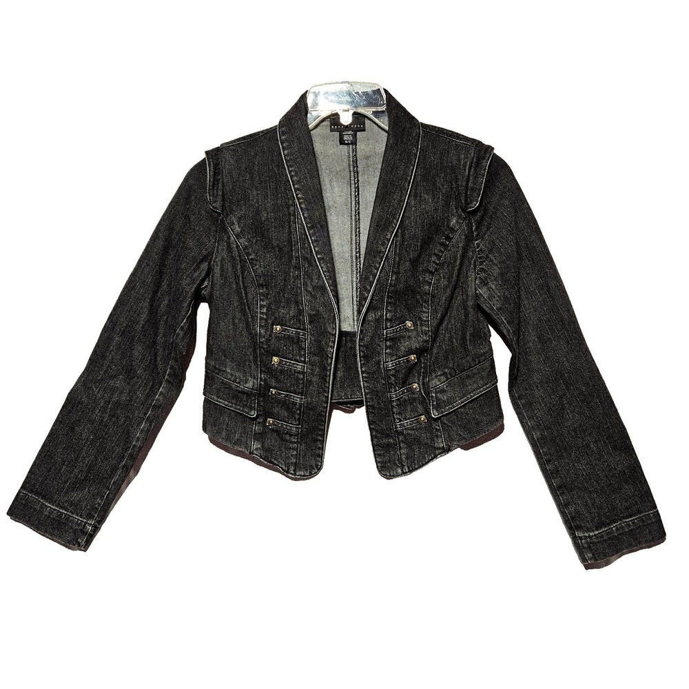 Apostrophe Black Military Cropped Denim Jacket Small Steampunk Goth Edgy Moto